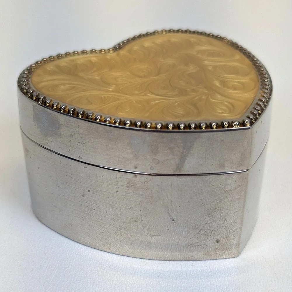 Heart Shaped Enamel Swirl Design Trinket Box Silver Toned with Navy Blue Liner